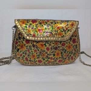 Hard Shell Hand Painted Floral Gold Crossbody Bag - Vintage Eclectic Aesthetic